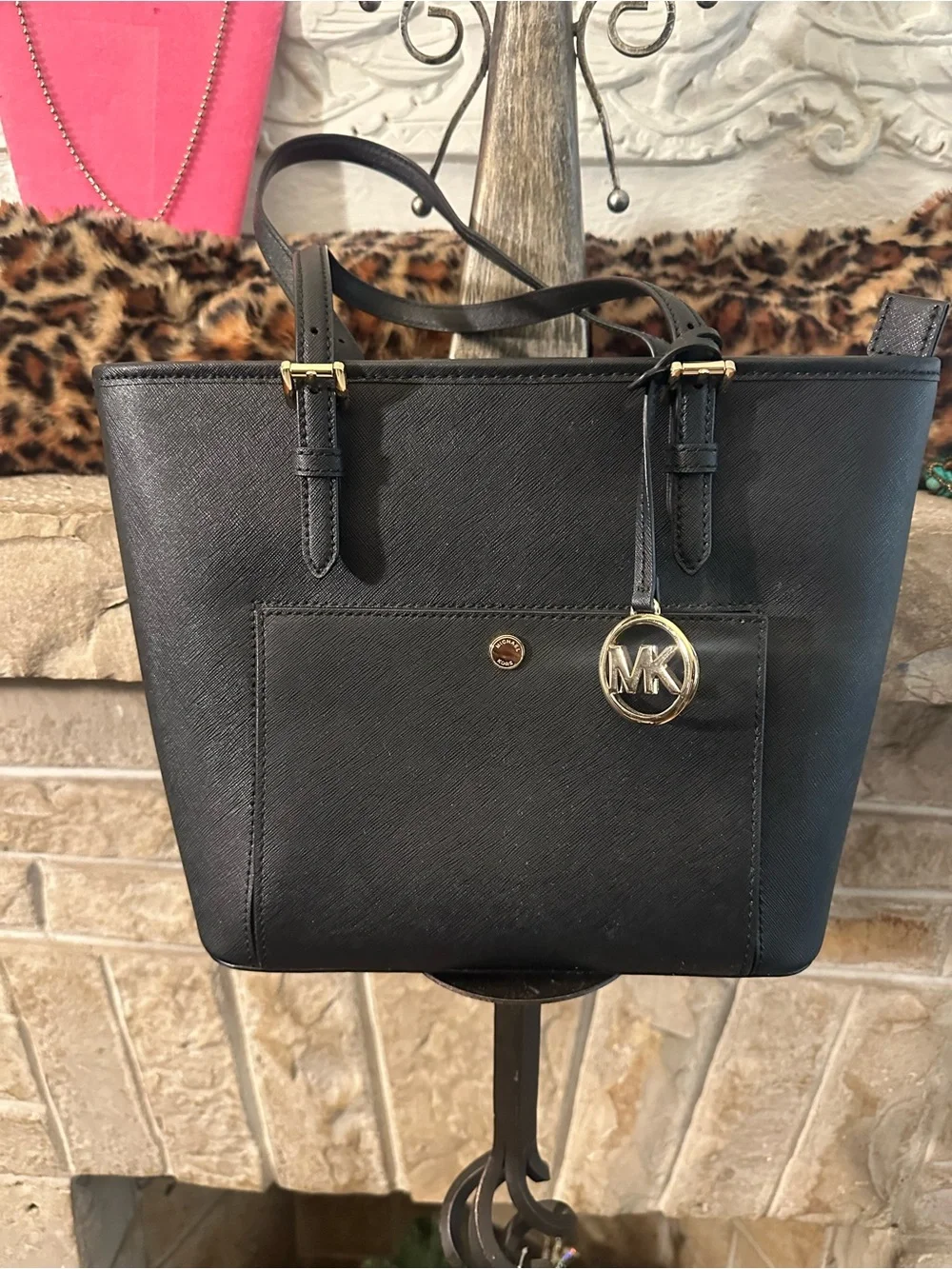 Michael Kors Black Saffiano Tote with Gold MK Charm